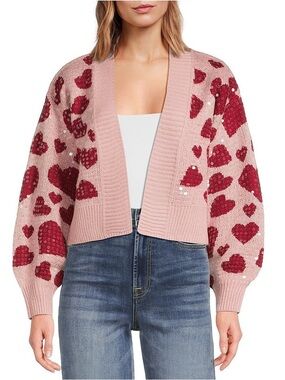 Anna&Ava Sequin Heart Open-Front Pink Cardigan Sweater, L/XL